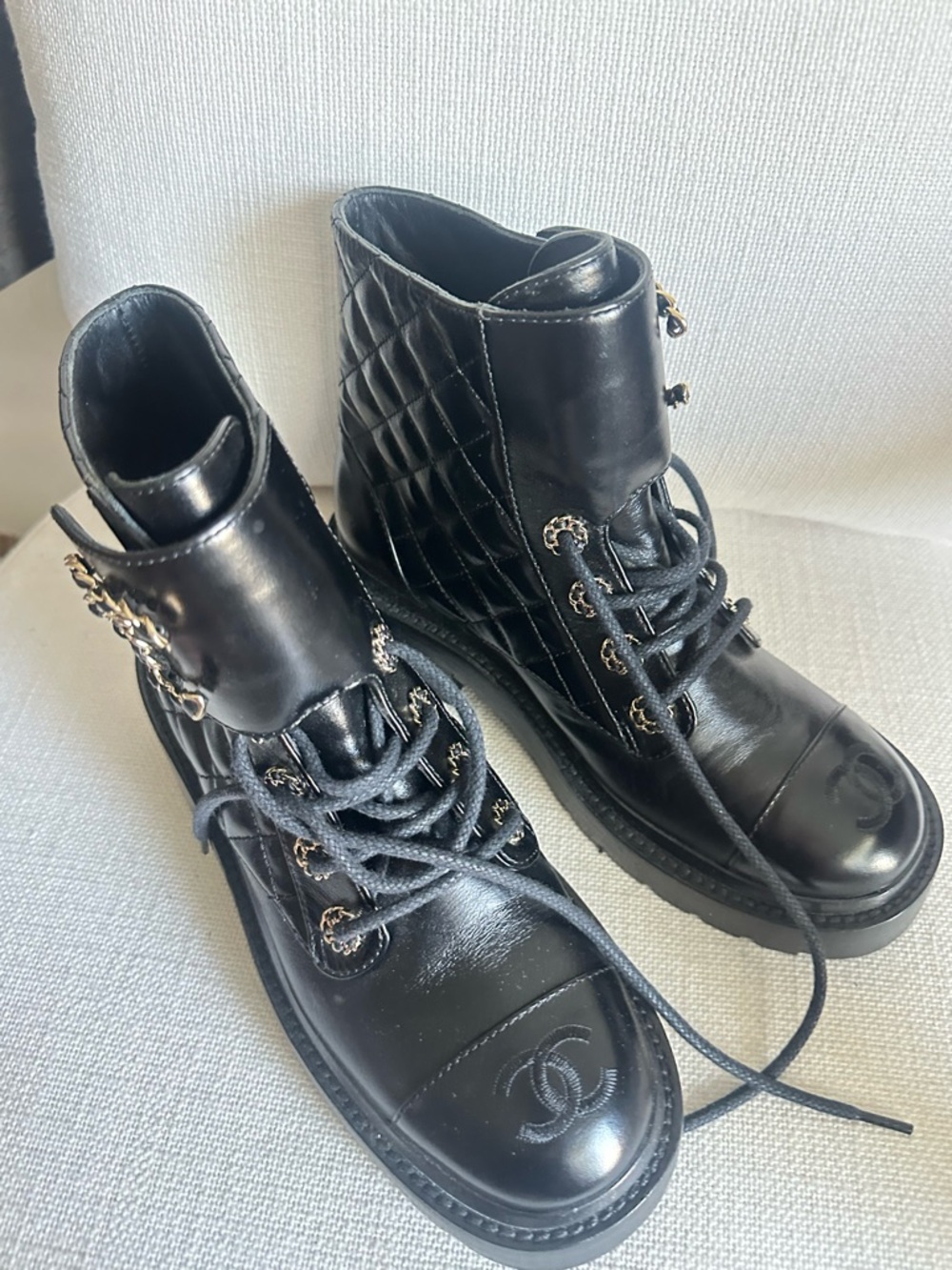 CHANEL Black Quilted Leather Lace-Up Combat Boots with Chain CC - Picture 9 of 11